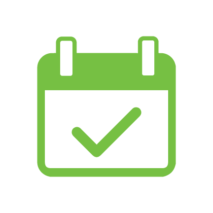 Green calendar sticker icon with a check mark, representing fast 3-day turnaround for custom sticker orders.