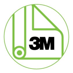 Green 3M vinyl material icon with rolled sheet graphic, representing premium 3M adhesive vinyl used for high-quality, durable custom stickers.