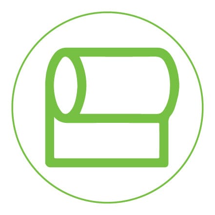 Green icon representing BOPP (biaxially oriented polypropylene) material—commonly used for durable, waterproof roll label stickers.