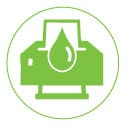 Green ink icon with a droplet over a printer, representing vibrant, high-quality ink used in custom sticker printing.
