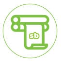 Green lamination icon with rollers and a printed sheet labeled “sb,” representing the protective lamination process used for custom stickers to enhance durability and finish.