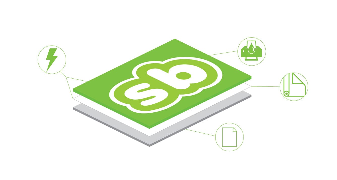 Illustration of a custom static cling with green “sb” logo, highlighting its layered construction and non-adhesive application using static electricity.