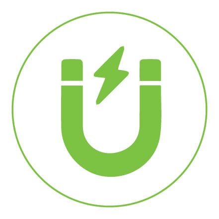 Green magnet icon with lightning bolt symbol inside a circle — representing magnetic material, strength, or custom magnet products.