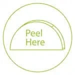 Green “Peel Here” icon showing a partially lifted sticker corner, representing easy peel backing liner for custom die cut stickers.