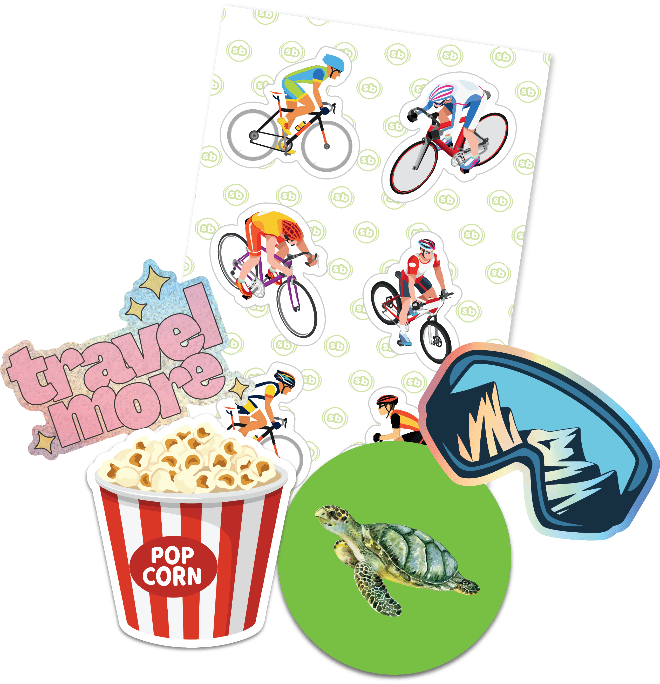 Assorted custom vinyl stickers featuring cyclists, a popcorn bucket, “travel more” lettering, a turtle, and ski goggles, displayed alongside a themed sticker sheet with biking illustrations.