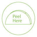 Illustration of a sticker with a “Peel Here” tab, showing where to lift the edge for easy removal from the backing liner.