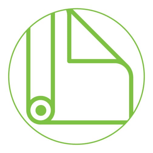 Green icon representing the vinyl layer in a sticker's construction, showing a rolled material and peel-back corner within a circular outline.