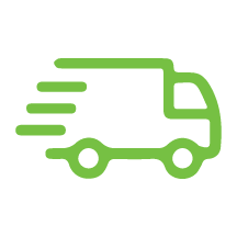 Green fast delivery truck icon sticker with motion lines, symbolizing quick shipping and express service.