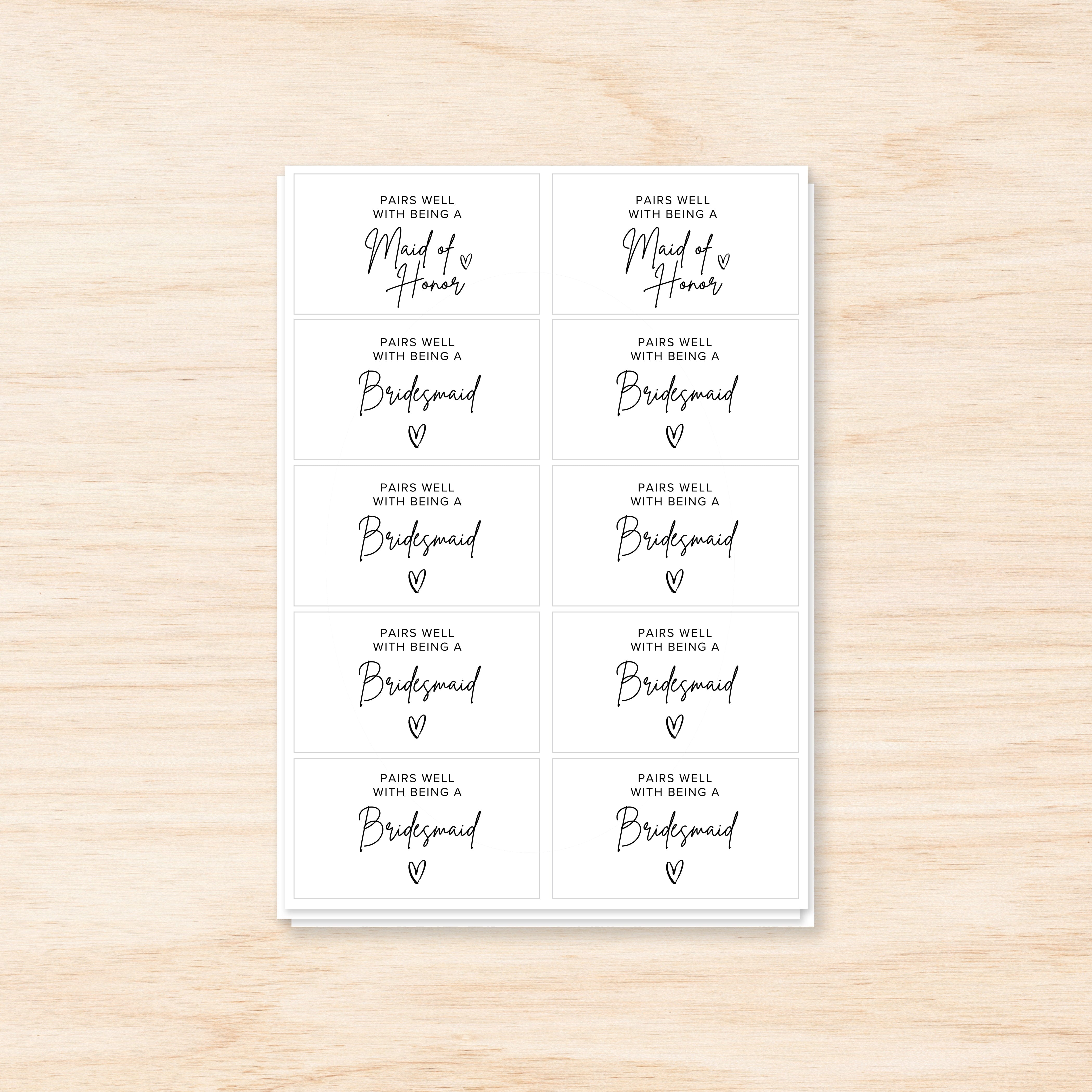 Pairs Well With Being a Bridesmaid / Maid of Honor Mini Champagne Bottle Sticker Sheets