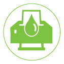 Green icon of a printer with an ink droplet, representing high-quality custom sticker printing with vibrant, durable inks.