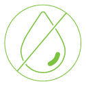 Green waterproof icon with a water droplet crossed out, symbolizing water-resistant and weatherproof protection for custom stickers.