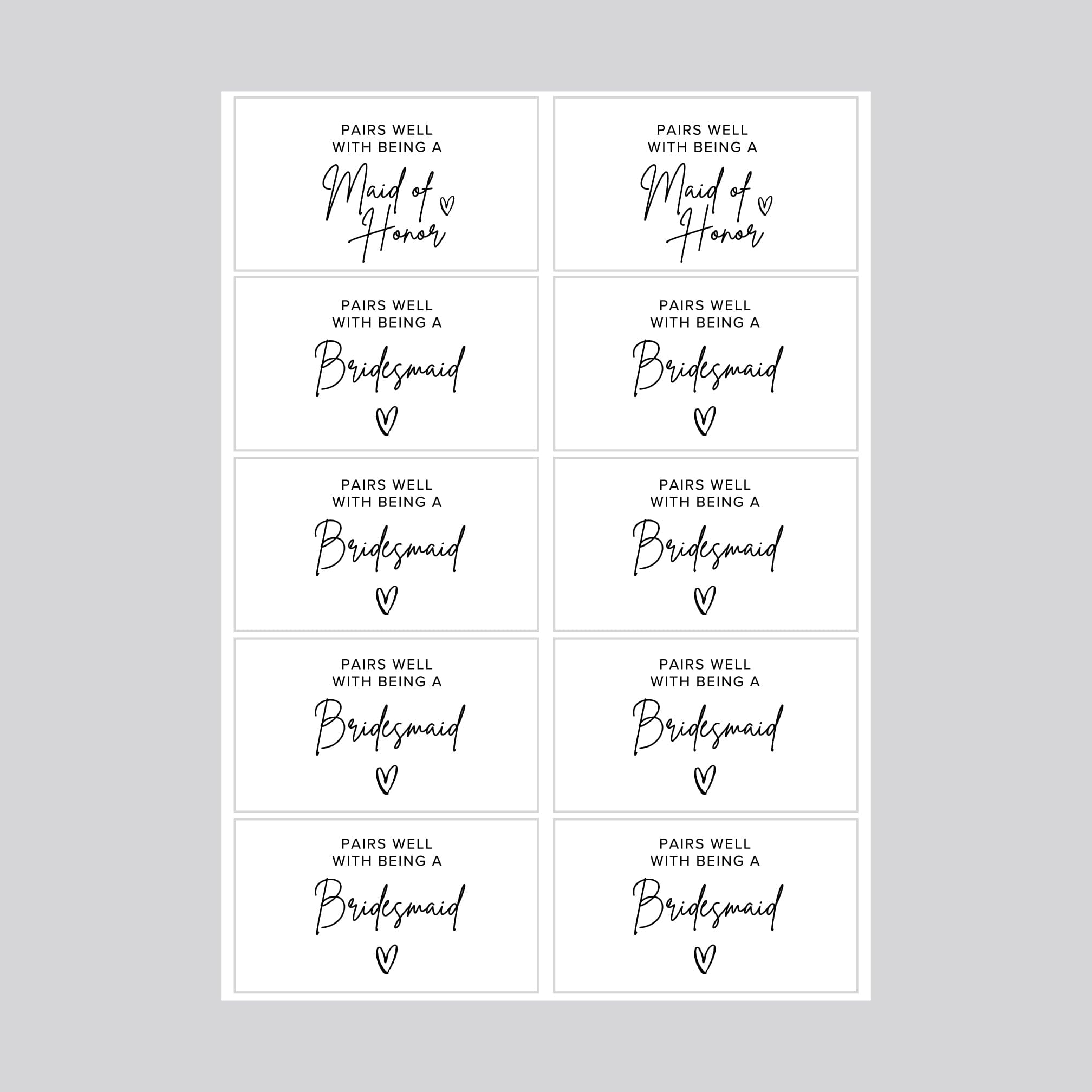 Pairs Well With Being a Bridesmaid / Maid of Honor Mini Champagne Bottle Sticker Sheets