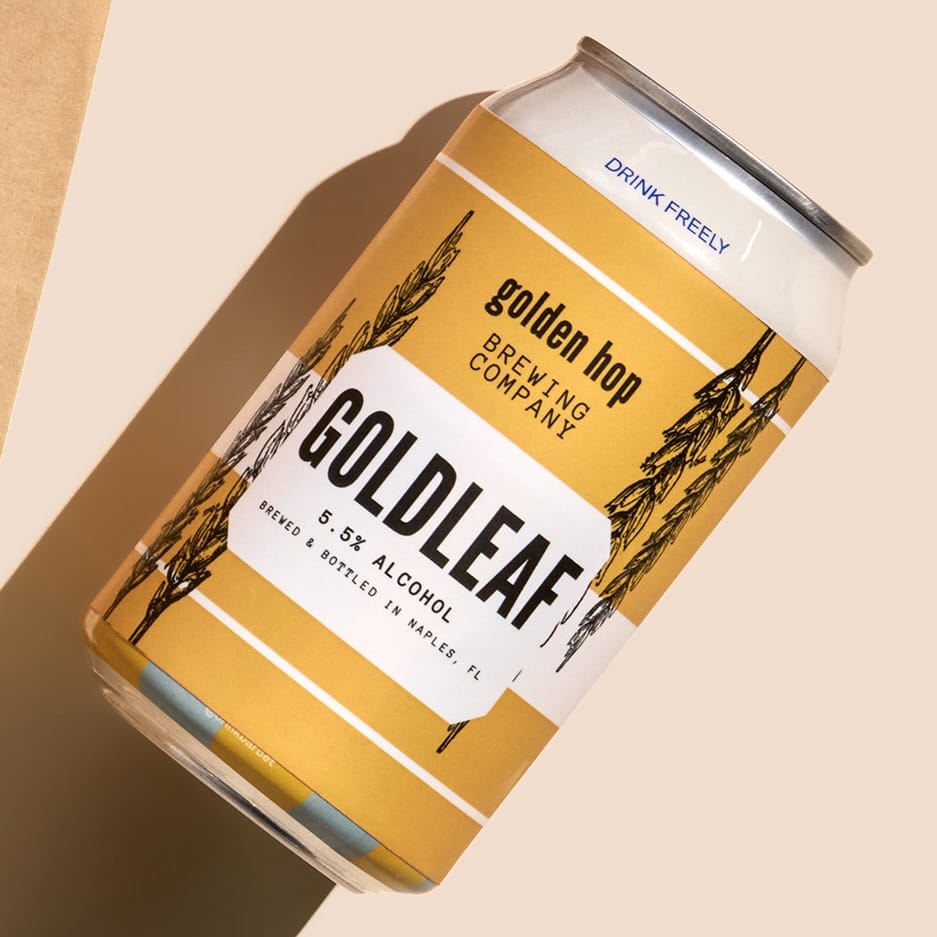 Custom beer label on craft beer can with yellow Golden Hop Brewing Company design