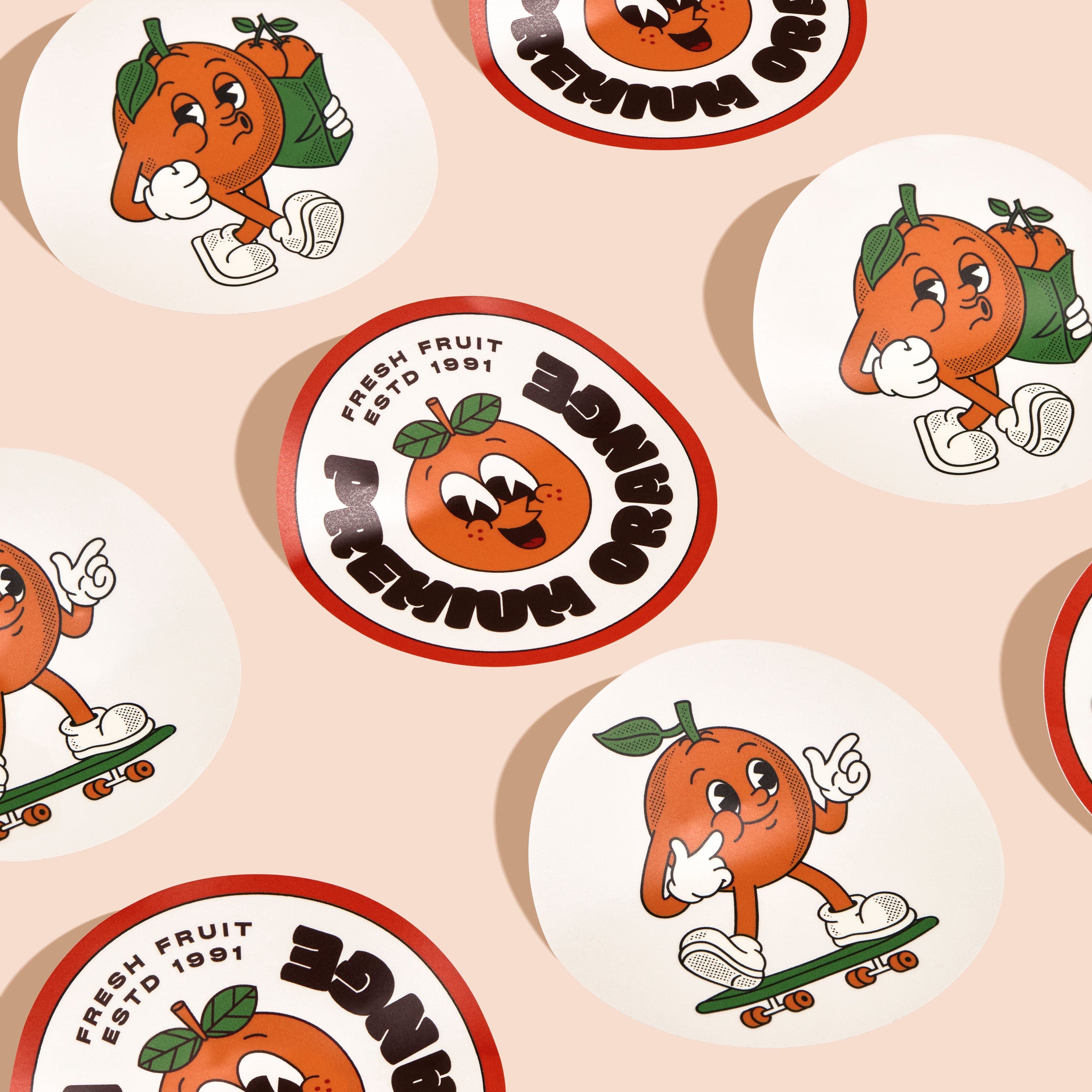 Custom circle stickers featuring orange cartoon design