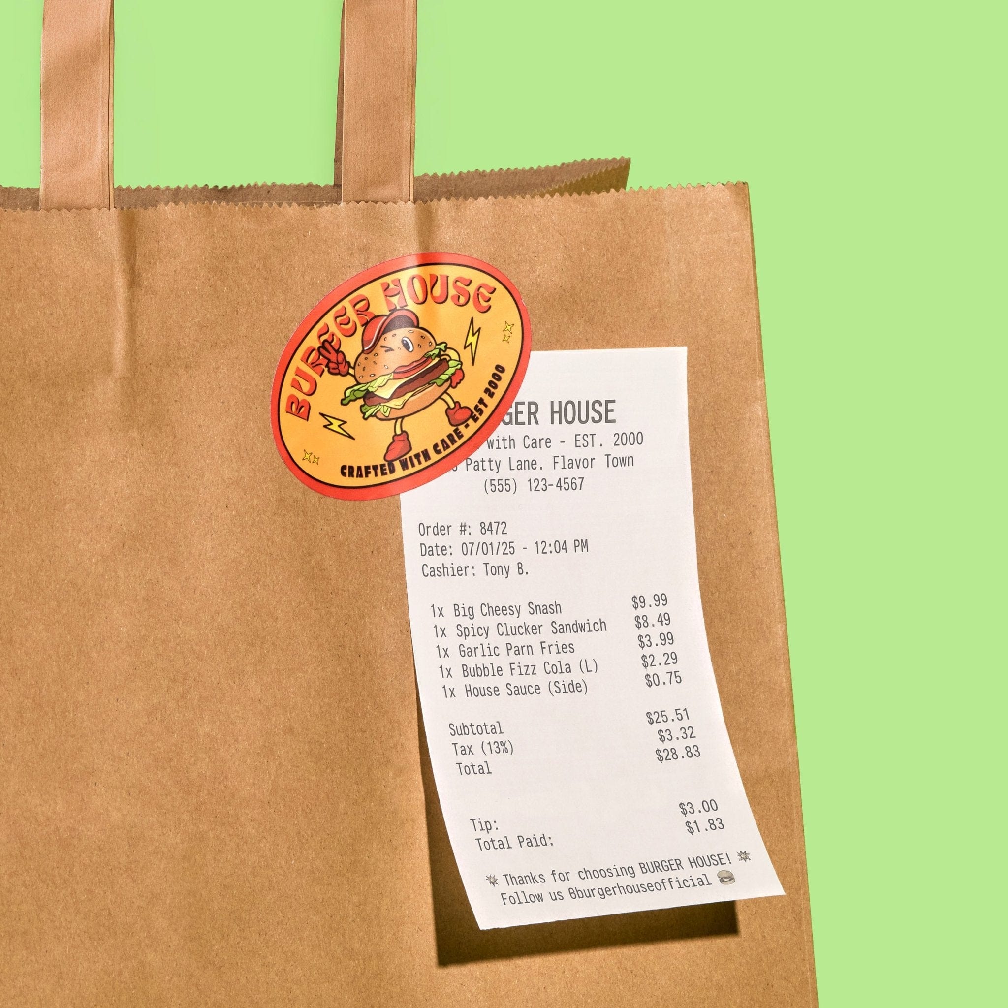 Custom oval roll label sealing a restaurant takeout bag
