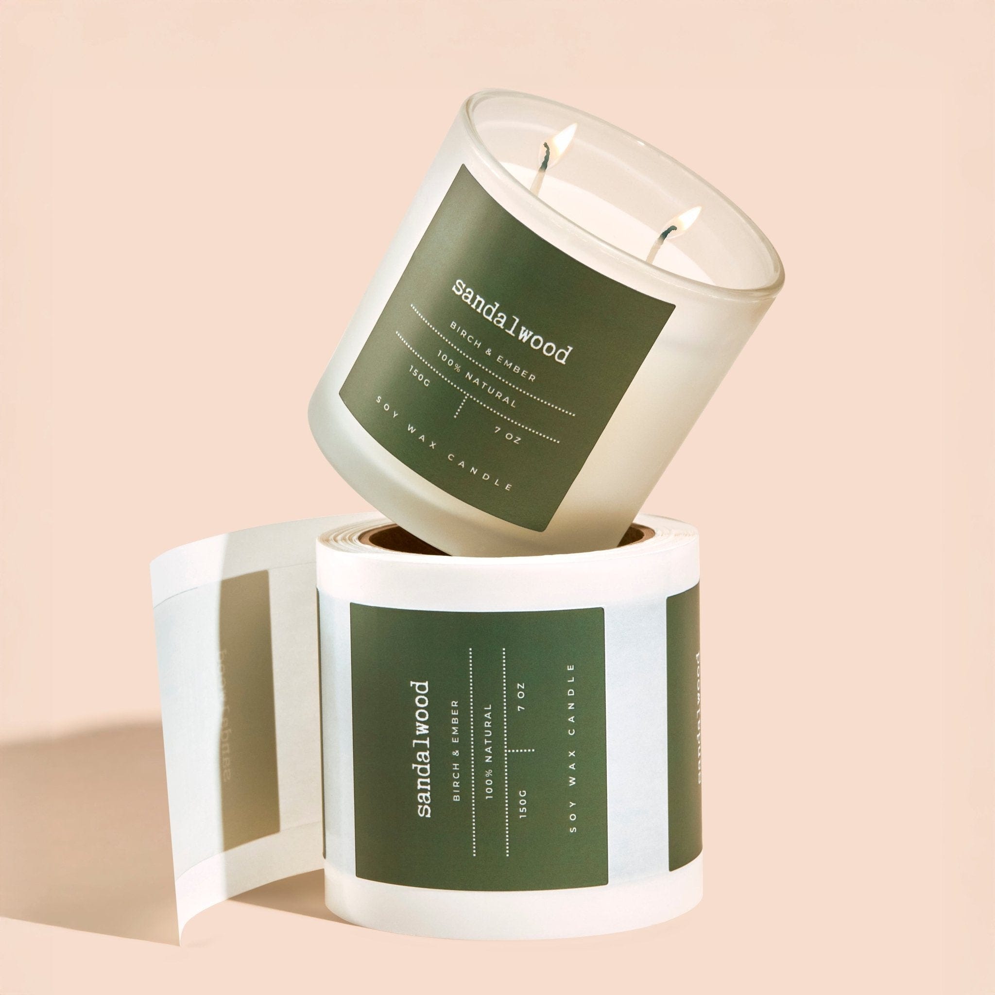 Square Roll Labels on a sandalwood candle